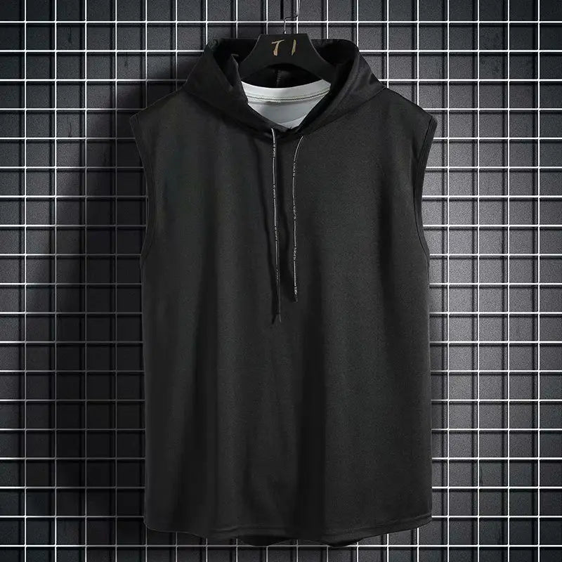 Hommes cravate col à capuche sans manches gilets mâle été ample solide Hip Hop t-shirt hauts