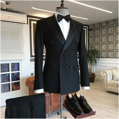 Costume 2 pièces veste + pantalon noir pour hommes, revers à pointe, Double boutonnage, Blazer sur mesure, Tuxedos de marié de mariage, Costume de bal pour Homme