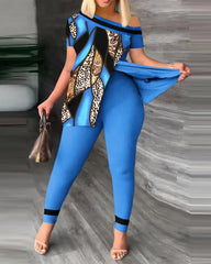 Ensemble deux pièces élégant pour femmes, nouvelle mode, imprimé, manches à volants, haut, pantalon de couleur unie, avec ceinture, chemisiers, vêtements féminins