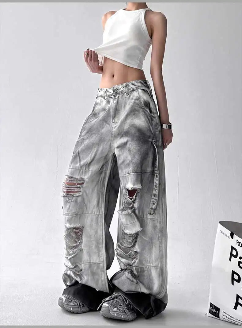 Femmes jean pantalon américain haute rue déchiré droit jambe large jean pour femmes conception cravate-teinture Jazz danse Cargo pleine mince jean