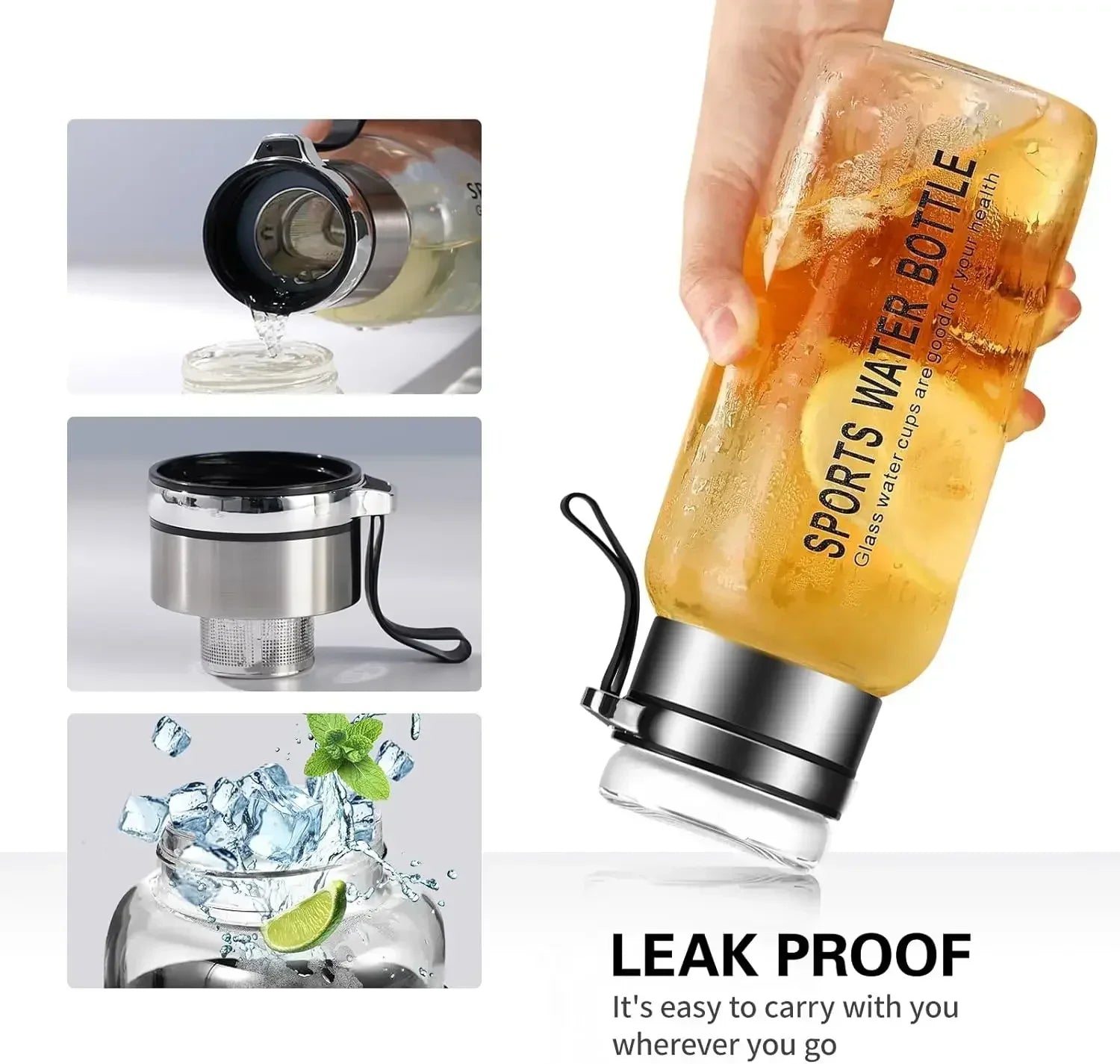 Bouteille d'Eau en Verre de Grande Capacité, Transparente, pour le Lait, le Jus, pour l'Extérieur, Portable, Étanche, pour le Thé, 2L