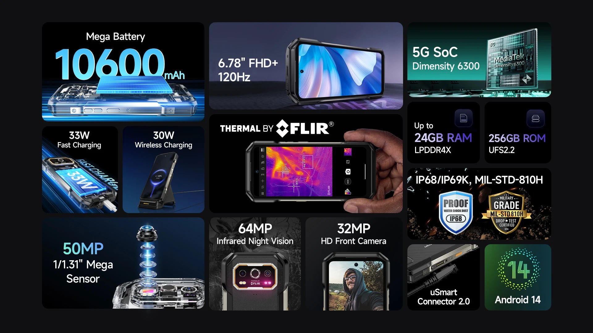 Ulefone Armor 27T Pro 5G THERMAL BY FLIR ®   Téléphone robuste Android 14 10600mAh Smartphone 64MP 6,78" 24GB + 256GB Téléphone portable NFC