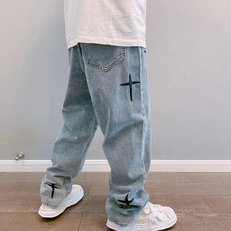Boyfriend Vintage mode droite décontracté ample Denim Cargo pantalon hommes concepteur imprime étoile jean Streetwear ample jambe large jean