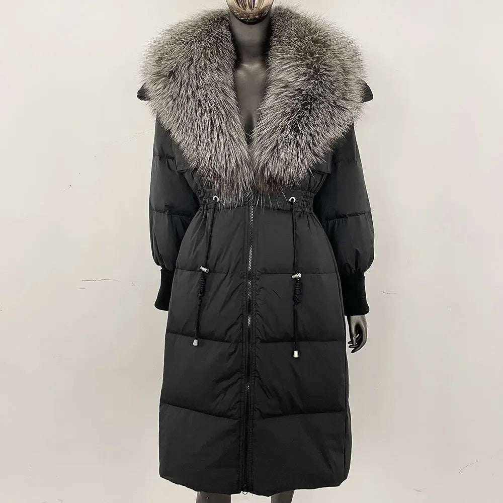 Doudoune longue avec col en fourrure pour femme, pardessus en fourrure de renard, longueur aux genoux, à la mode, chaude, cintrée à la taille, vêtements d'extérieur amincissants