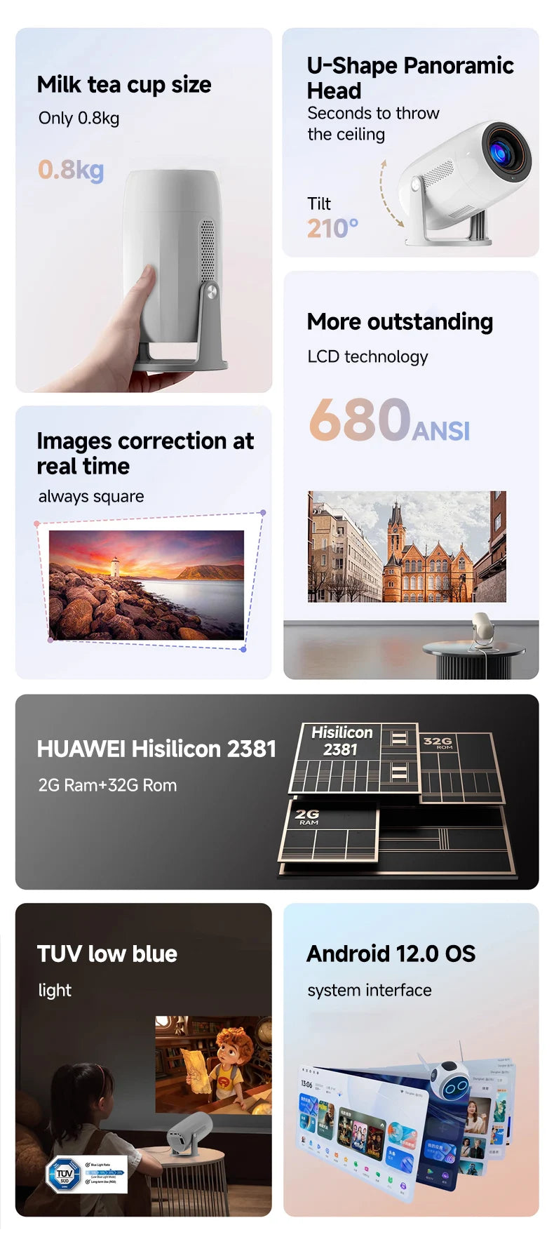 Lenovo Portable 4K projecteur 100M Android 12 WIFI 6 TOF No-Sense mise au point automatique extérieur Full HD projecteur vidéo film Home cinéma