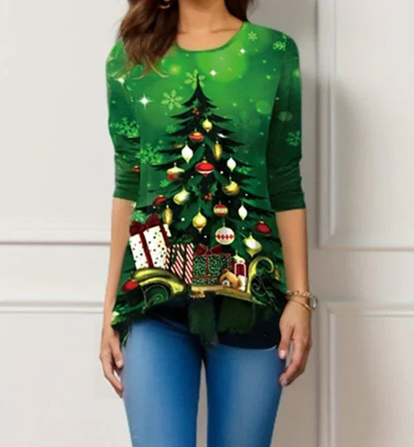 Arbre de noël femmes t-shirt mode col rond à manches longues hauts chemises impression 3D décontracté Harajuku femme grande taille vêtements