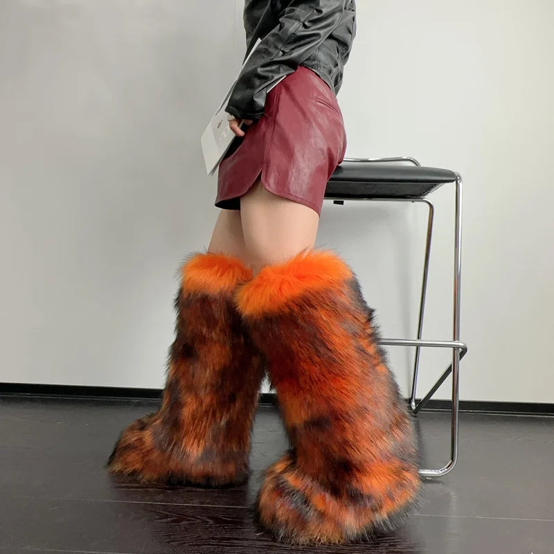 Bottes hautes en fausse fourrure pelucheuse pour femmes – Bottes en fourrure à enfiler douces, chaudes et confortables pour l'automne et l'hiver