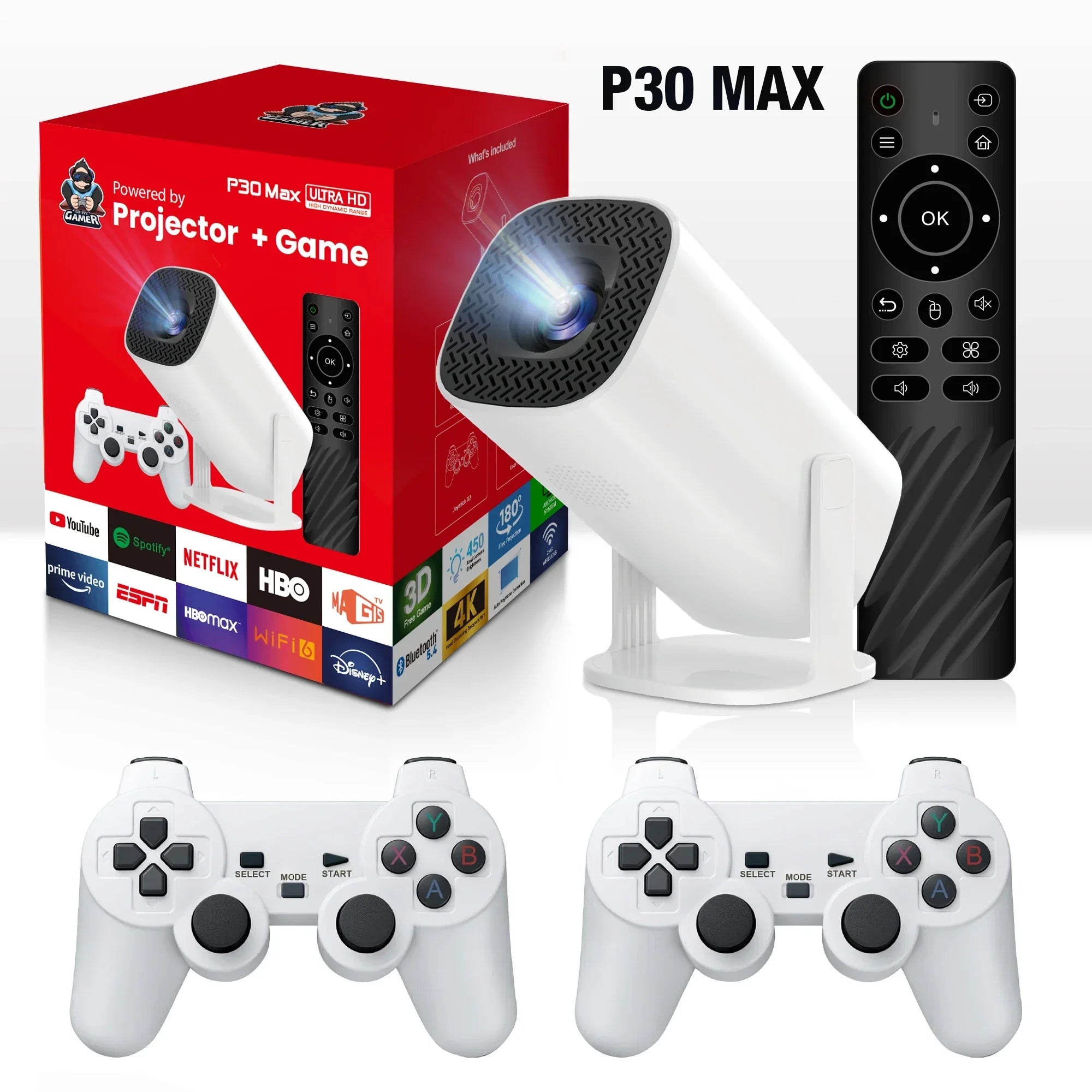 Projecteur de jeu 3D P30MAX, Console de jeu vidéo rétro, contrôleur sans fil 4K ULTRA HD, plug and play, Android11 BT5.0, cinéma maison 720P