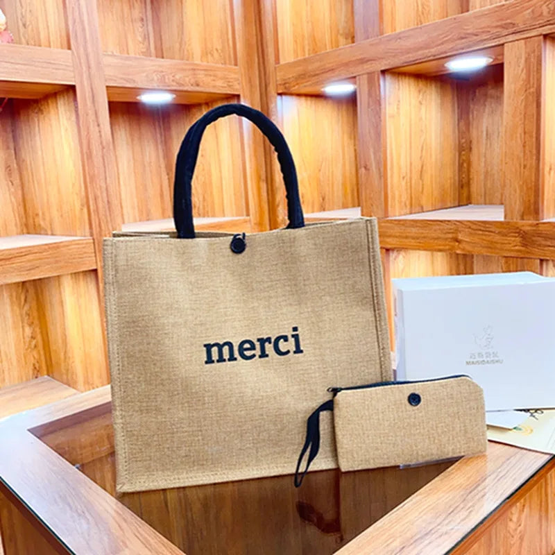 Sac fourre-tout en lin 2 pièces, sac à main en toile de grande capacité, sacs de Shopping, sac de maquillage, porte-monnaie pour mariage, cadeau d'anniversaire, vacances à la plage