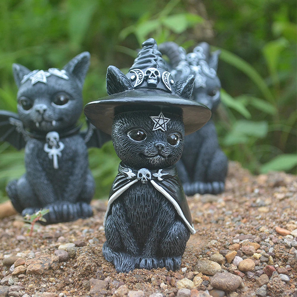 Figurine décorative d'halloween, Sculpture de chat sorcière de jardin, Statue de chaton gothique, chat magique noir, hibou, ornement de magicien, Miniature mignonne