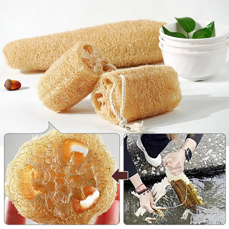 Éponge Loofah Luffa naturelle, biodégradable, forte, nettoyage, longue, antiadhésive, artefact de vaisselle, Pot, brosse, serviettes de vaisselle