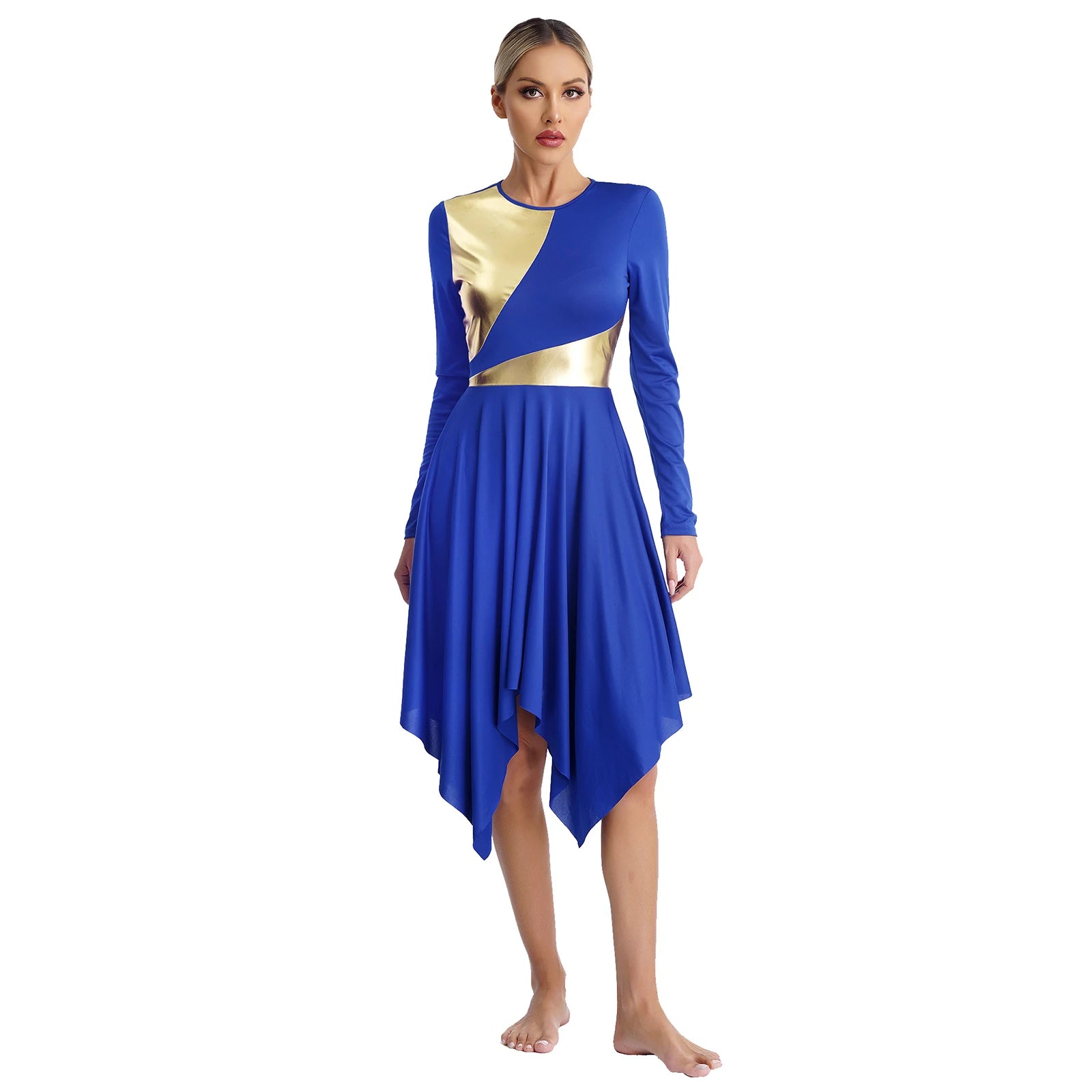 Robe de danse lyrique à manches longues pour femmes, robe à ourlet irrégulier, costume de spectacle liturgique, vêtements de danse modernes, culte de la chorale d'église