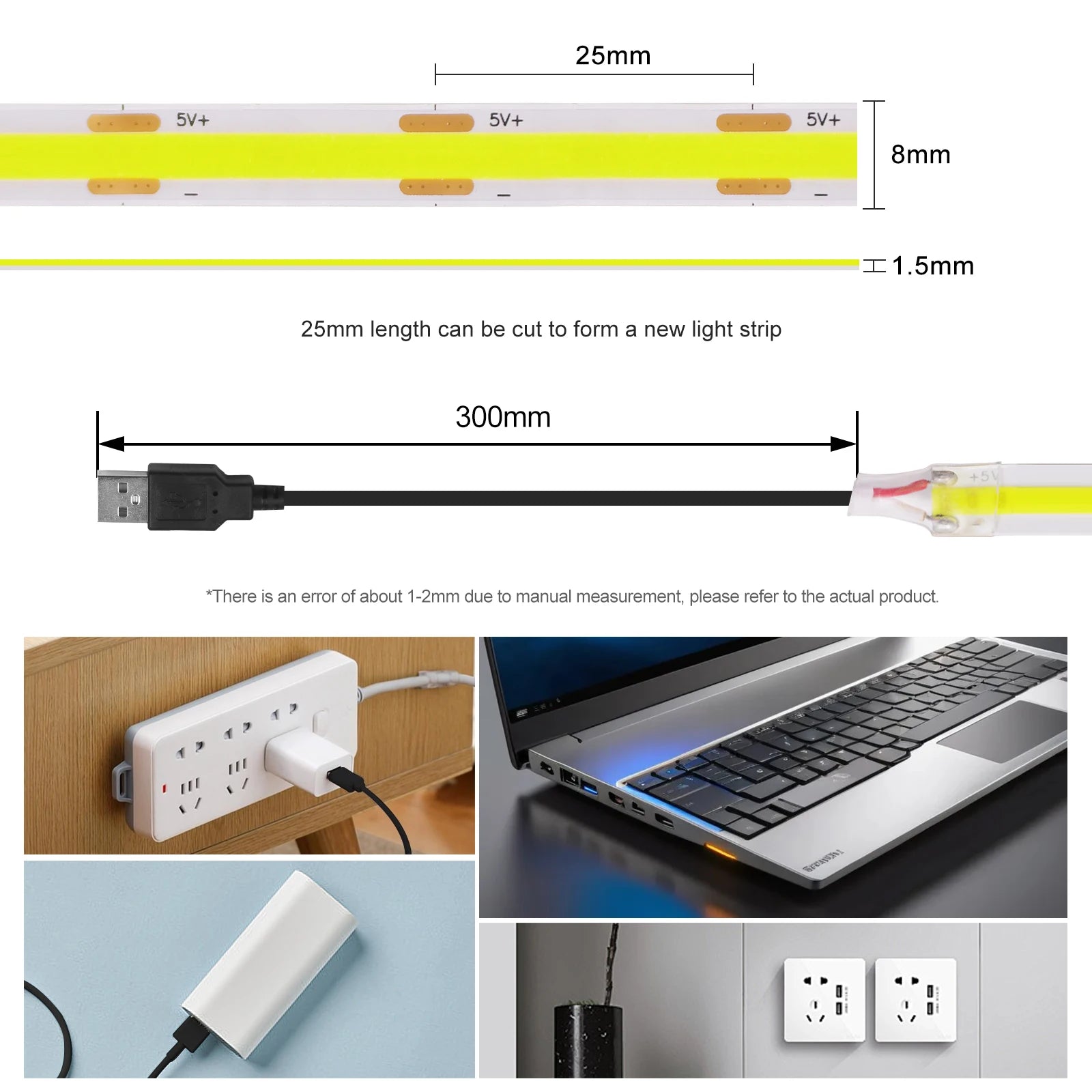 5V USB LED Strip Light, 320 LEDs/M COB, Dimmable Touch Sensor Switch/Push Switch, DIY, TV Mirror, Backlighting, Night Light for Room