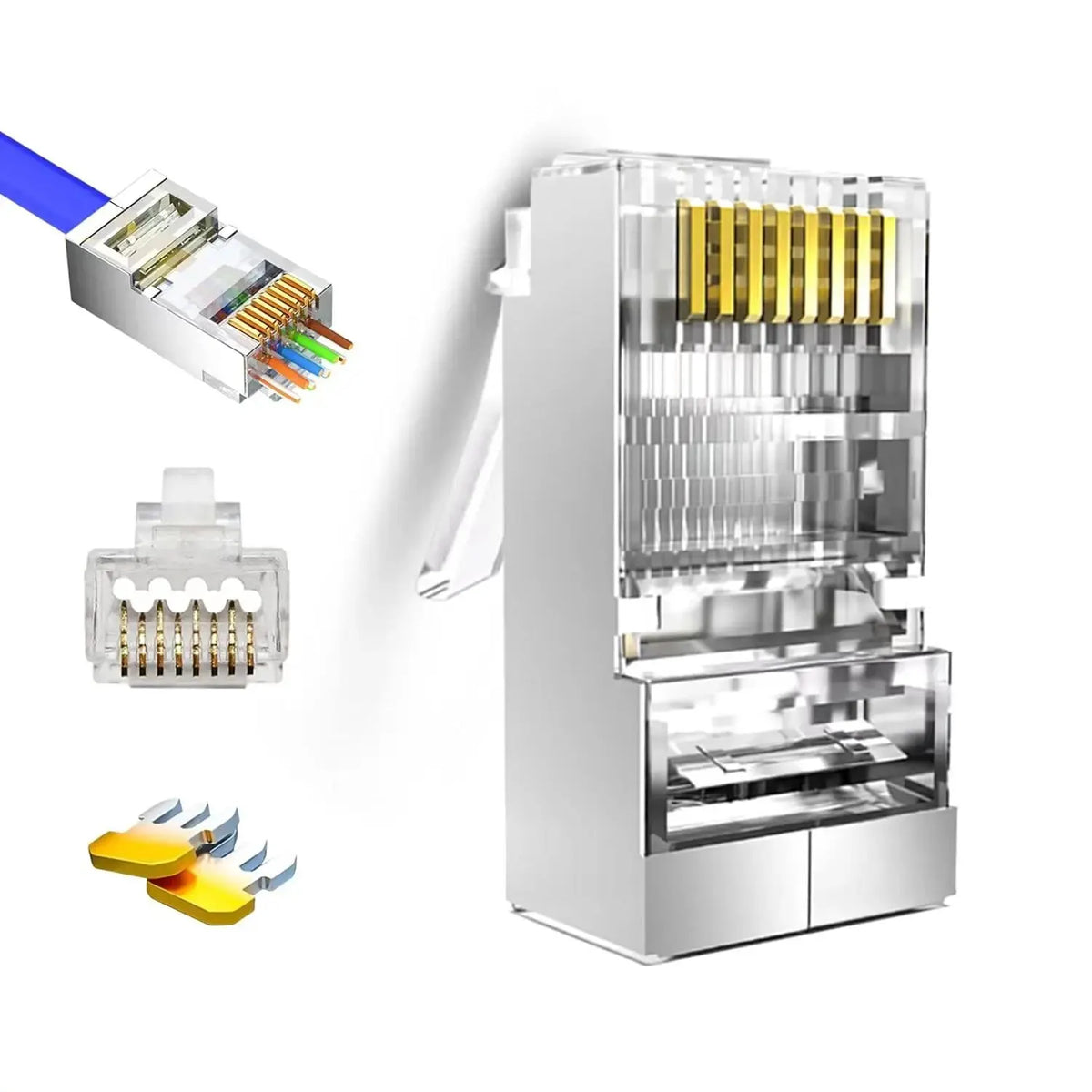 ZoeRax – Cat6 Shielded RJ45 Pass-Through Connector, 50 Pack, Gold-Plated RJ45 Modular Plugs, 8P8C RJ45 Ends