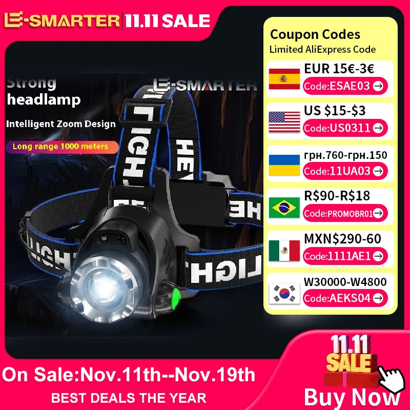 Lampe frontale LED puissante, Rechargeable par USB, télescopique, Zoomable, pour l'extérieur, étanche, lampe frontale de travail, haute luminosité