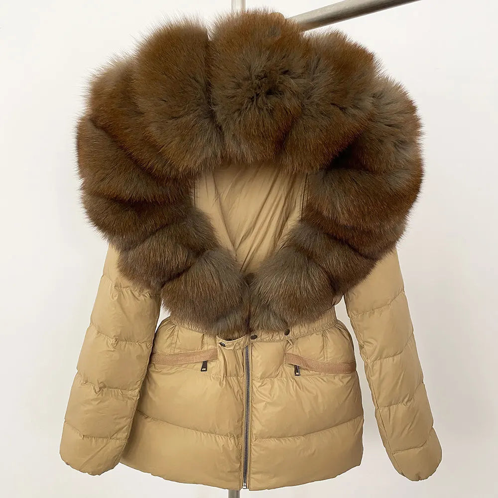 OFTBUY 2024 veste d'hiver femmes naturel réel raton laveur col de fourrure de renard à capuche blanc canard vers le bas manteau ceinture épais chaud vêtements d'extérieur décontractés