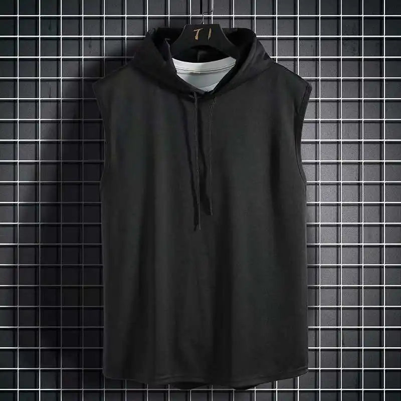 Hommes cravate col à capuche sans manches gilets mâle été ample solide Hip Hop t-shirt hauts