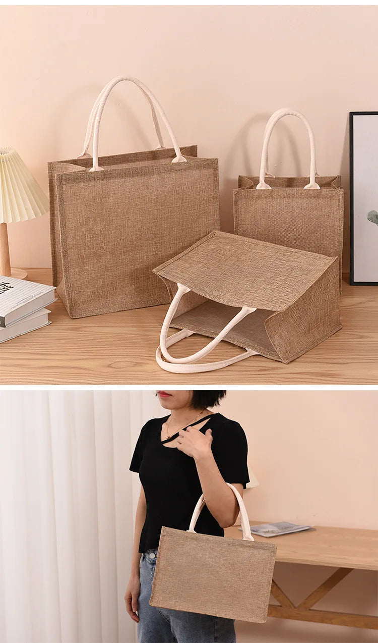 Sac à main en jute de coton peint à la main, sac en chanvre, sac en lin, sac à provisions, sac recouvert de film, sac à main imperméable