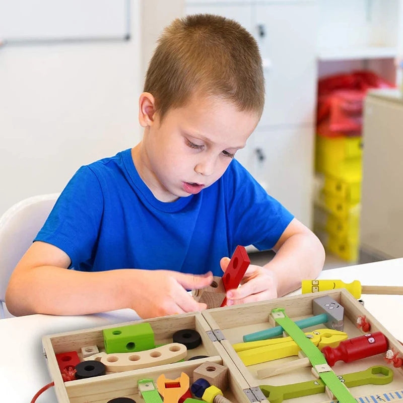 Jouets éducatifs Montessori pour enfants, boîte à outils en plastique et bois, ensemble de jeu de Simulation, assemblage de vis d'écrou, outil de charpentier de Simulation