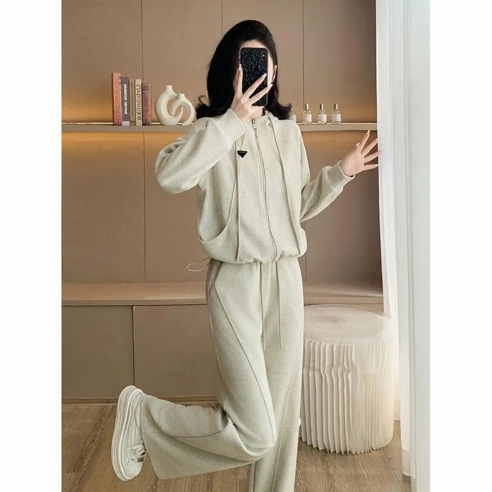Fashionable slimming hooded set for women, two-piece Korean style set, trendy, youthful look, casual outfit, new autumn/winter collection
