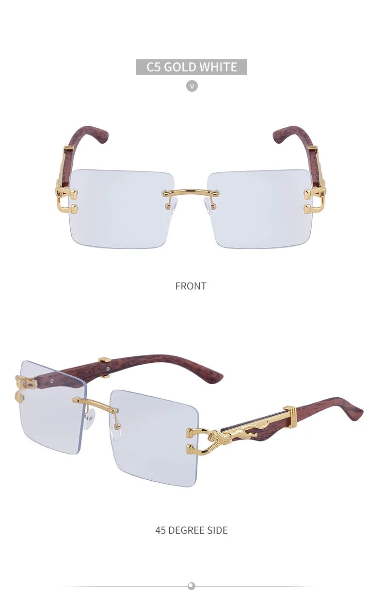 Frameless square wooden sunglasses for men and women, vintage, fashionable, luxury, retro, 2023