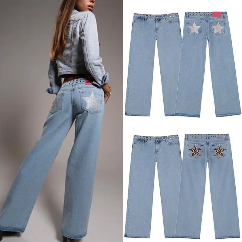 Y2K Vintage jean Flash argent étoile motif métal Rivet jean femme Baggy décontracté jambe droite Denim pantalon Simple femmes vêtements