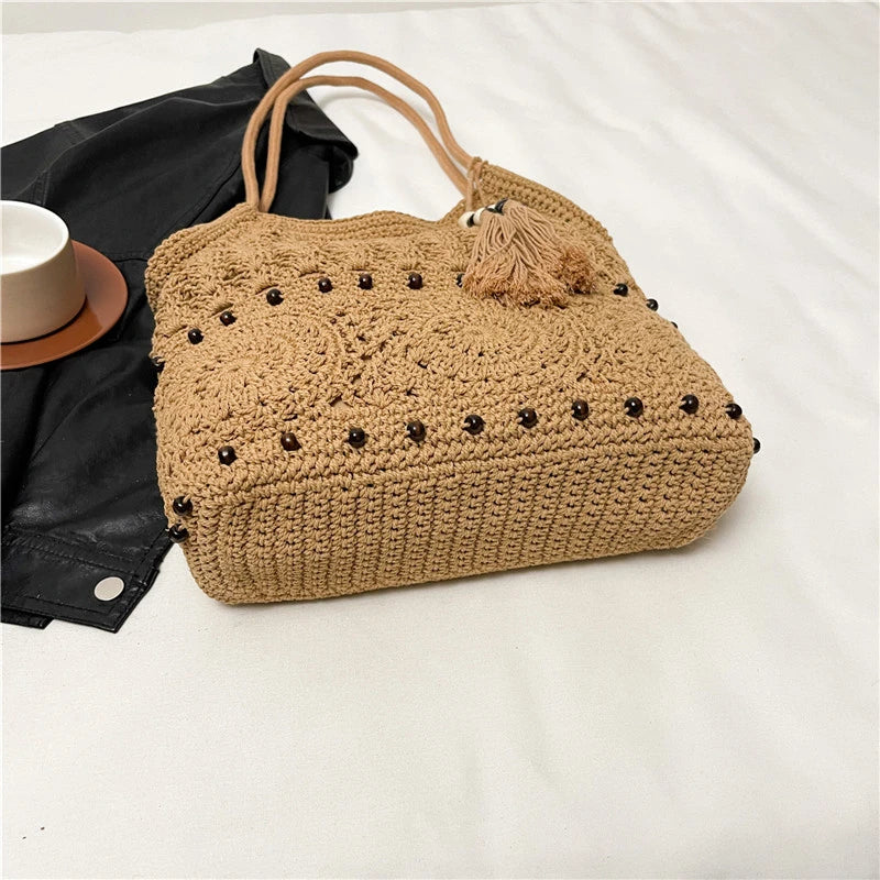 Sac à main tissé de grande capacité, sac à bandoulière ajouré, fourre-tout en Crochet, fourre-tout bohème tissé pour femmes, sacs de Shopping tricotés