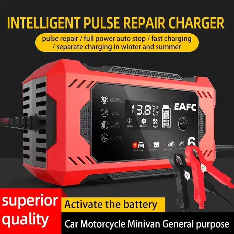 Chargeur de batterie de voiture, grand écran 6a 12V, dispositif de charge de batterie de voiture et de moto, batterie au plomb, réparation intelligente, écran LCD