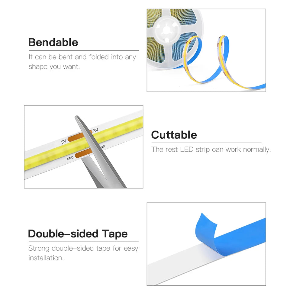 5V USB COB LED strip light, with manual scanning motion sensor and touch dimming switch, 1M-5M LED strip light, kitchen and bedroom lighting