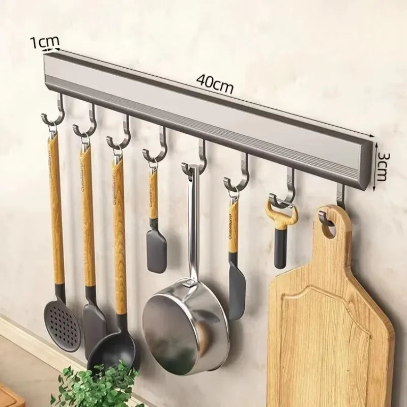 Crochet de cuisine mural, support de rangement de cuisine, support de crochet de rangée, étagères sans poinçonnage avec crochet mobile, ustensile de cuisine