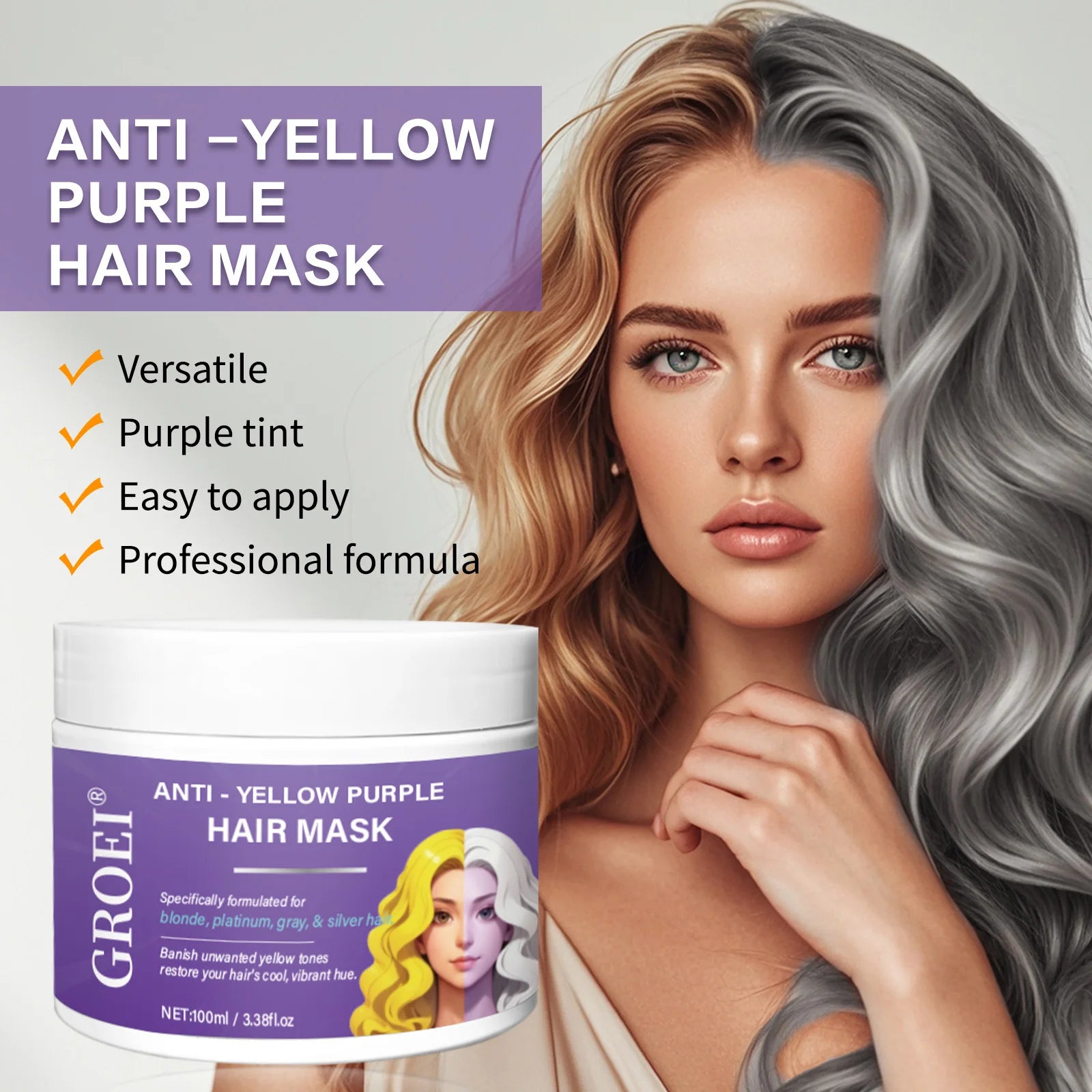 Masque capillaire qui élimine les tons jaunes et nourrit en profondeur les cheveux, améliore la brillance des cheveux et restaure la couleur des cheveux.