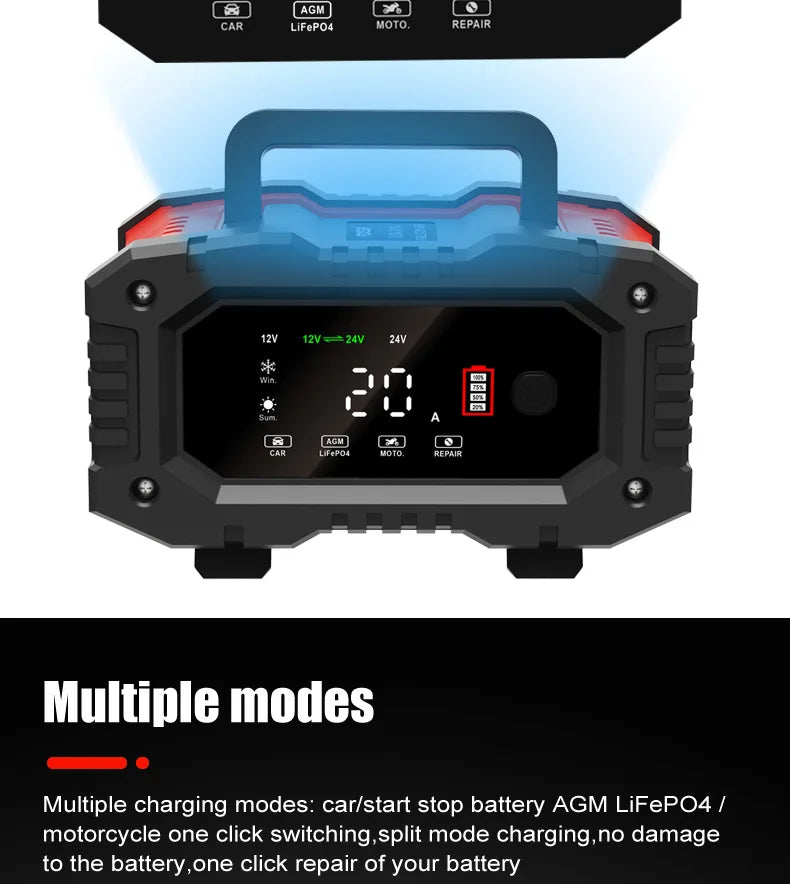 Chargeur de batterie intelligent pour voiture et moto, chargeurs de batterie au lithium, AGM GEL, plomb-acide, veFePO4, 20A, 10A, 12V, 24V