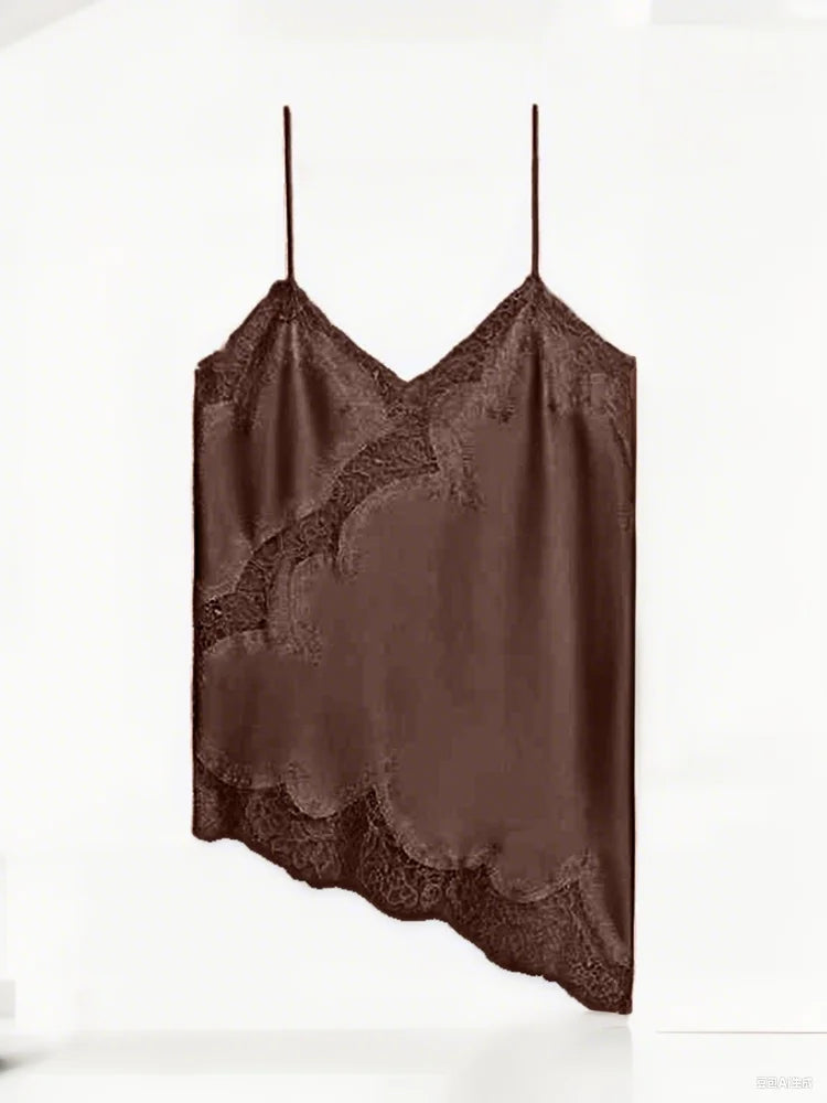Été femmes haut à licou Satin dentelle épissé réservoir dos nu col profond Sexy gilet ourlet irrégulier robes 2025 dame vacances Sexy hauts