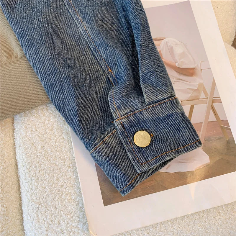 Ensemble pantalon en Denim, col montant, Patchwork, manteaux de rue, hauts à jambes larges, jean gothique droit, Vintage, ensemble deux pièces Simple