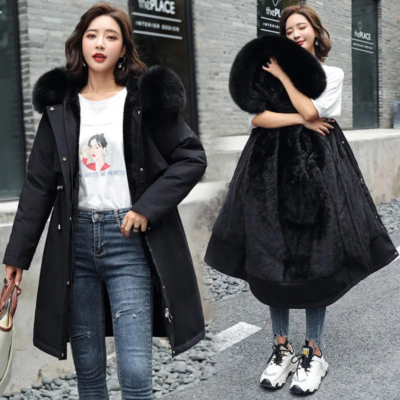 Veste d'hiver 2025 nouvelles femmes Parka vêtements manteau Long doublure en laine veste à capuche col de fourrure épais chaud vêtements de neige rembourré Parka 6XL