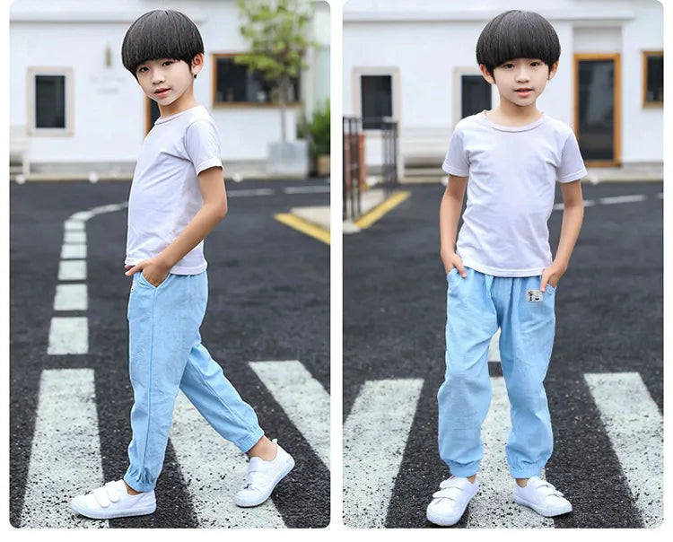 Pantalons pour enfants pour garçons et filles, en coton et lin, taille élastique, couleur unie, pantalons moustiques d'été, vêtements pour enfants, pantalons longs 100-160cm