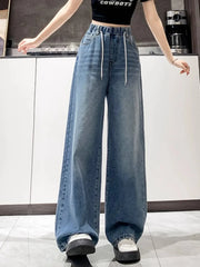 Jean ample à jambes larges, taille haute, bleu clair, grande taille, taille élastique, pantalon Dstring, pantalon Long amincissant