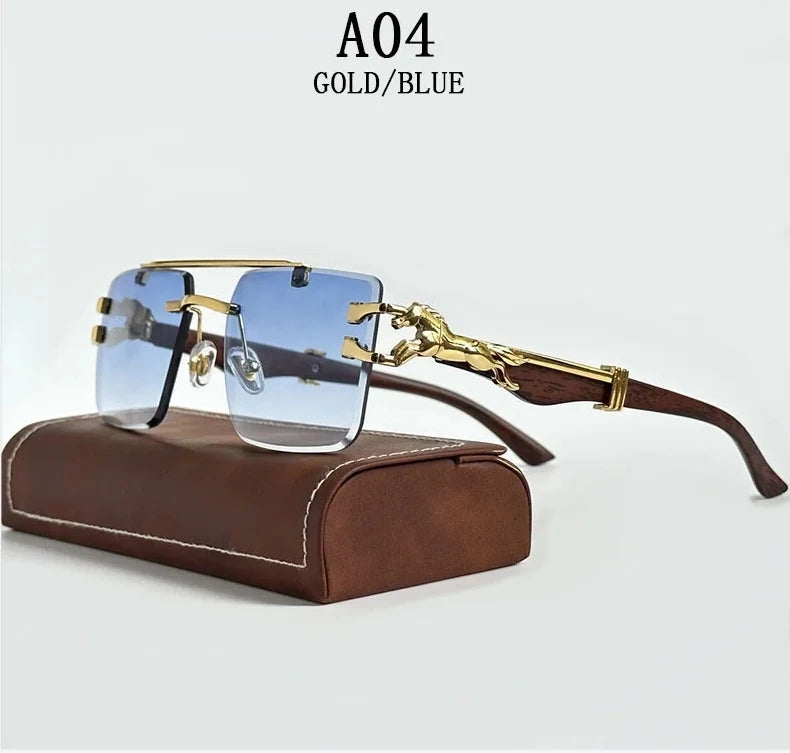 Frameless square wooden sunglasses for men and women, vintage, fashionable, luxury, retro, 2023