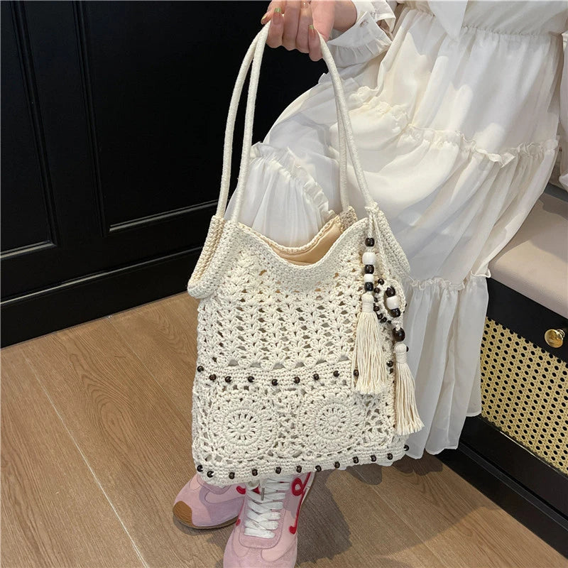 Sac à main tissé de grande capacité, sac à bandoulière ajouré, fourre-tout en Crochet, fourre-tout bohème tissé pour femmes, sacs de Shopping tricotés