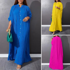 Women's Eid Muslim Dresses High Neck Single Breasted Dubai Arabic Dresses Ramadan Casual Loose Caftan Solid Pleated Dress