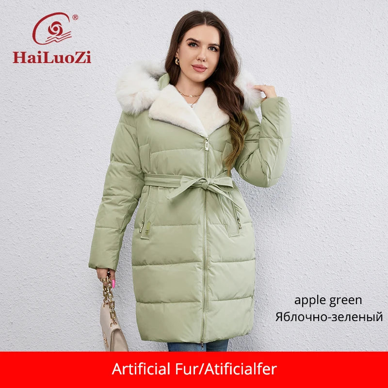 HaiLuoZi-Doudoune Longue en Coton pour Femme avec Ceinture en Fourrure, Manteau à Revers, Fermeture Éclair Indépendante, Vêtements d'Extérieur, Nouvelle Collection Hiver 2023, 1171