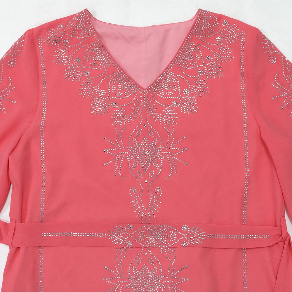Eid Jalabiya - Women's Muslim Evening Dress, Diamond Lace-Up Arabic Abayas, Long Dresses, Elegant Dress, Educational Dress for Ramadan