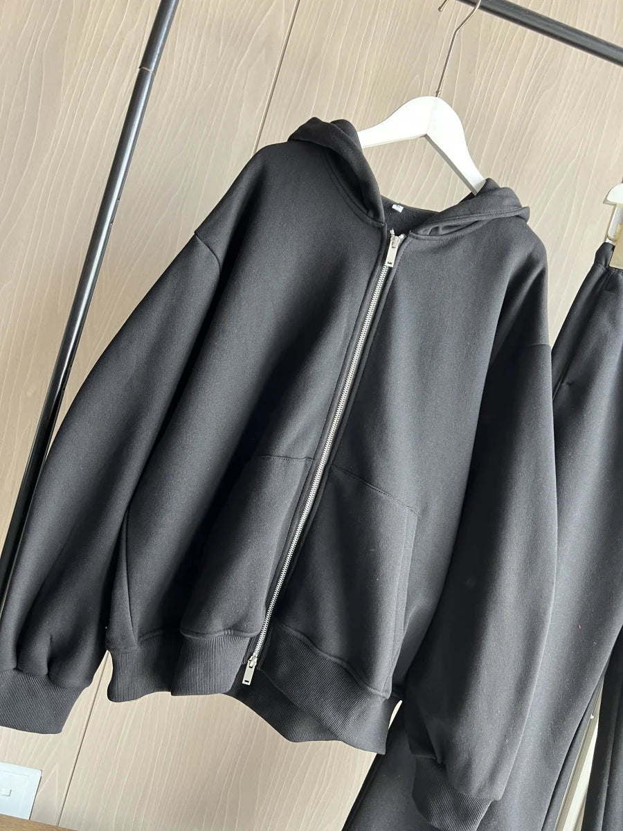 ETJ 2025 automne/hiver nouveau sport décontracté pour femmes surdimensionné sweat à capuche avec fermeture éclair jambe large vadrouille pantalons de survêtement ensemble 4174842