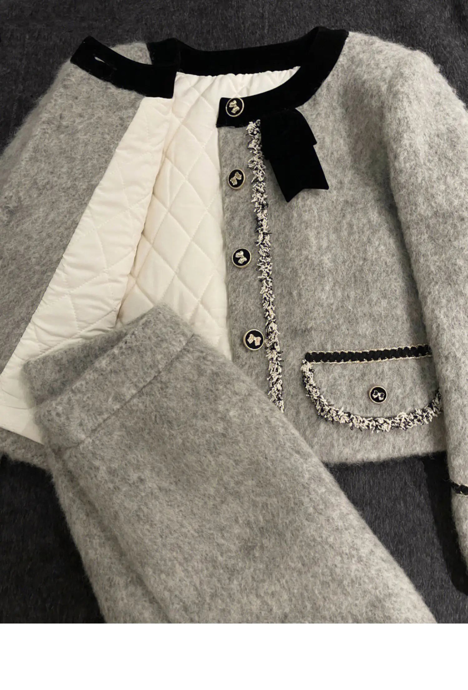 Manteaux matelassés épais mélanges veste en laine grise haut court hiver Vintage mince une ligne jupes femmes deux pièces ensembles costume à nœud Y2k