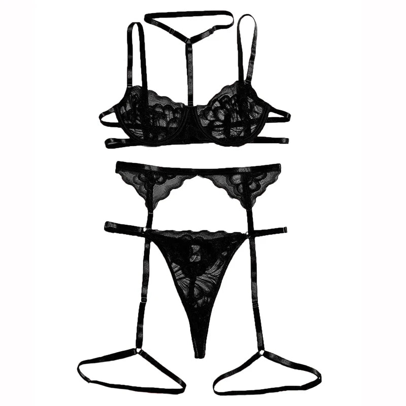 Ensembles de Lingerie érotique pour femmes, jarretelles en dentelle, soutien-gorge et culotte transparents, Costumes Porno féminins, col licou en V profond, ensemble de sous-vêtements Sexy