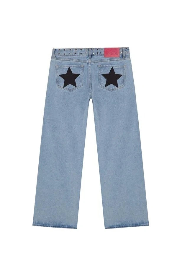 Y2K Vintage jean Flash argent étoile motif métal Rivet jean femme Baggy décontracté jambe droite Denim pantalon Simple femmes vêtements