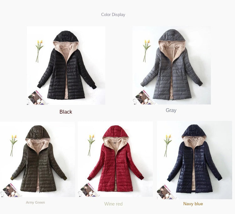 Women's Korean-style mid-length hooded cotton coat, warm lambswool coat and velvet jacket, new autumn and winter 2023 collection