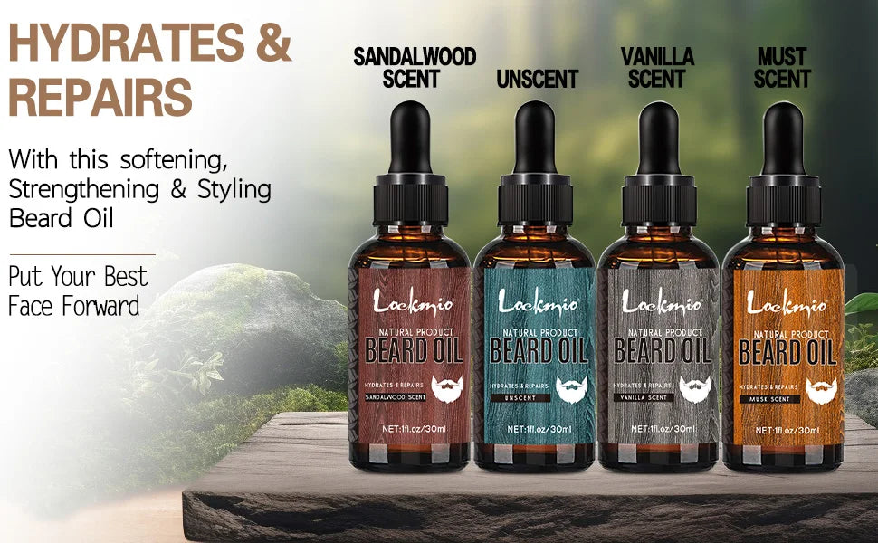 30ml 4 pièces ensemble d'huile de barbe parfumée produit moustaches hydratant croissance brillance lisse moustache adoucir renforcer l'huile de barbe pour hommes