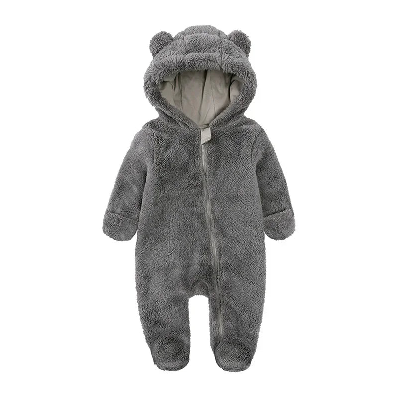 Baby romper for ages 0-24 months, winter clothes for newborns, boys and girls, zip-up bodysuit, fleece bear, hooded pyjamas