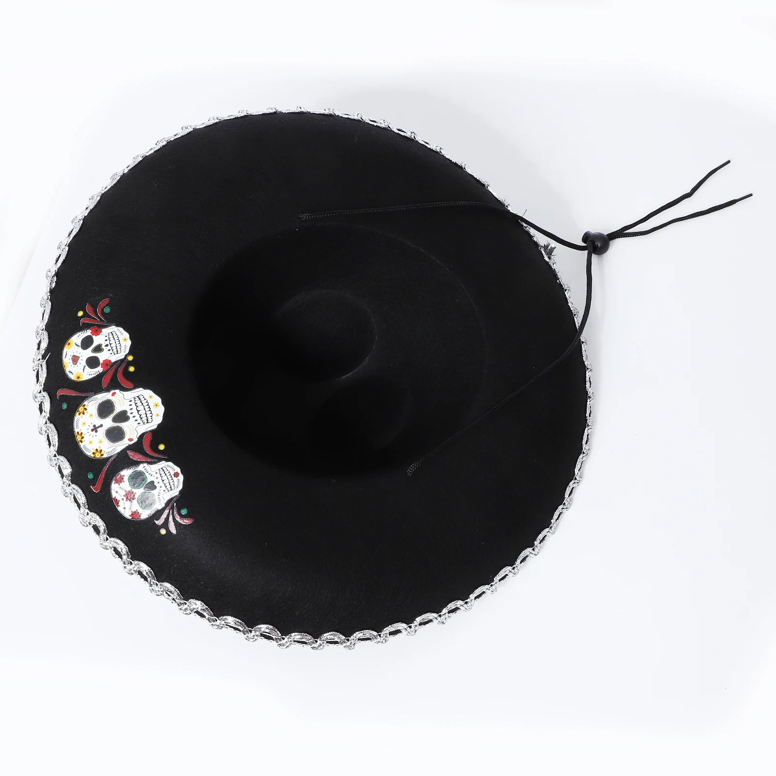 Chapeau mexicain unisexe pour adultes et enfants, motif de crâne tressé métallique, chapeau noir à large bord pour l'été, chapeau de soleil en plein air, accessoire de Cosplay d'halloween